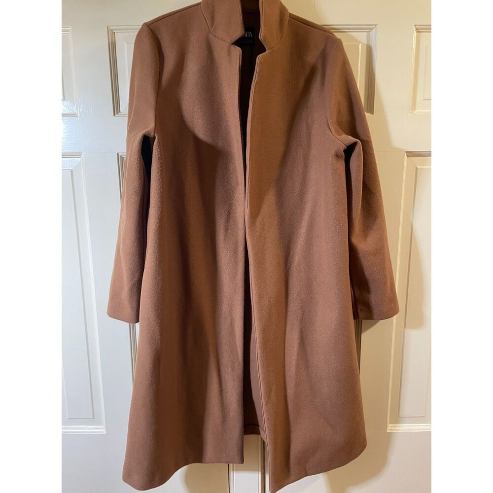 Zara Camel Open-Front Tailored Long Duster Coat